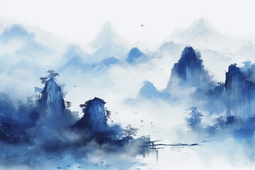 An abstract blue watercolor painting of mountains and birds. AI generative