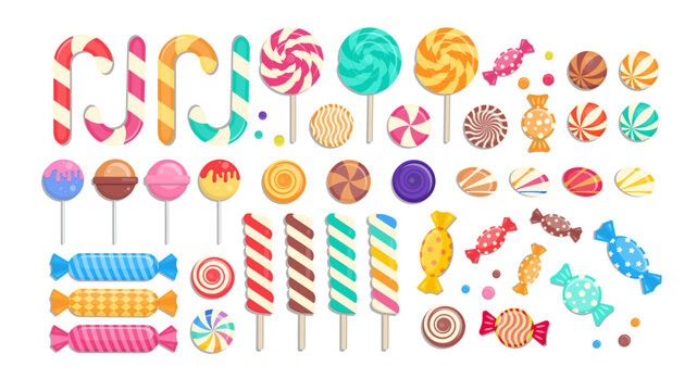 Sweet Candies Big Vector Collection. Set of Sweets, Candies, Lollipops, Gumballs, Sugar Caramel, and Twisted Marshmallows.