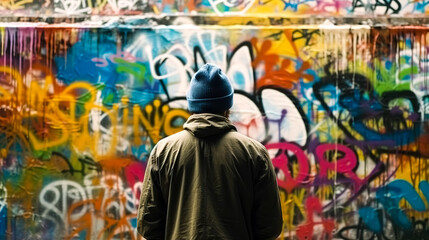 Obraz na płótnie Canvas A man stands in front of a graffiti wall, generative AI.