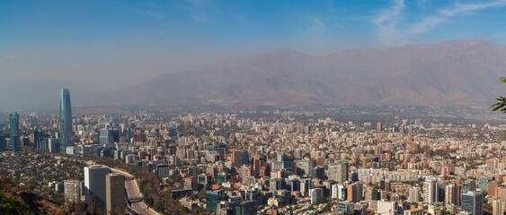 panorama of the city of Santiago, Chile South America, Andes mountain range