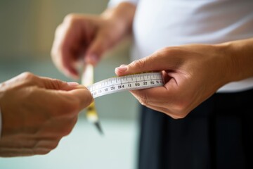 Close - up view of a doctor measuring a patient's waist circumference with a measuring tape, indicating obesity. Generative AI - obrazy, fototapety, plakaty