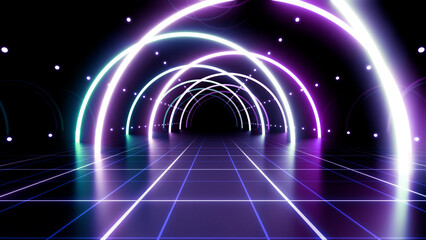Neon Line Tunnel glowing Fluorescent light corridor stage 3D illustration background