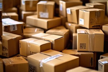 Close - up view of cardboard boxes neatly stacked, waiting to be moved into a new home. Generative AI