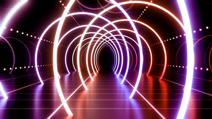 Neon Line Tunnel glowing Fluorescent light corridor stage 3D illustration background