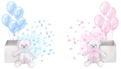Banner blue pink, boy or girl. Balloons in a box, teddy bear, confetti. Hand drawn watercolor illustration isolated on white background. For gender reveal party, baby shower, children's holiday