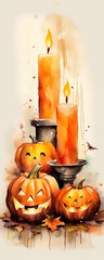 Halloween Candles and Pumpkin Watercolor with Fall Leaves. Bookmark, Illustration