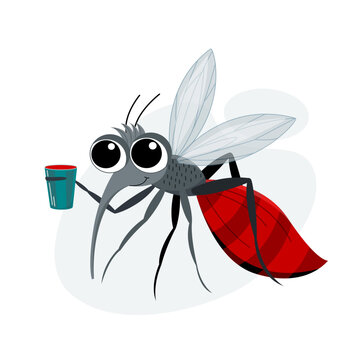 Vector illustration of a mosquito with a glass of blood on a white background. Funny image suitable for prints, stickers, web element.