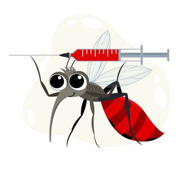 Vector illustration of a mosquito with a syringe on a white background. Funny image suitable for prints, stickers, web element.