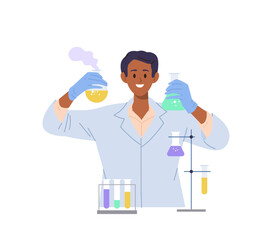 Happy lab worker cartoon researcher character holding chemical flask celebrating vaccine discovery