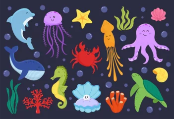 Deurstickers In de zee Set of cute sea animals and fish. Marine underwater life. Fish and wild marine animals isolated on dark background. Cute whale, squid, octopus,turtle, jellyfish, crab and seahorse.Vector