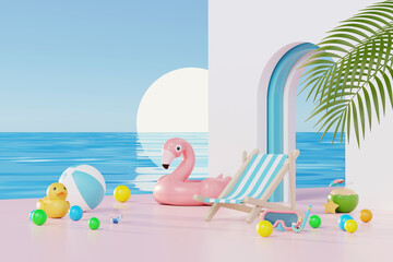 3D render Summer vacation abstract product display, Minimal Realistic Display Podium in the blue ocean sea background concept, Cosmetics with tropical summer island, umbrella, inflatable ring.