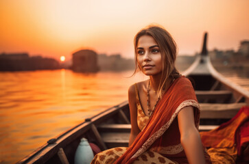 Beautiful Indian girl sitting on a boat in the Ganges River at sunset, Varanasi, India. Travel concept AI Generative
