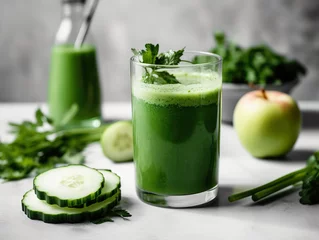 Tuinposter Homemade green juice with celery, apple, cucumber and spinach. Celery drink prepared for healthy nutrition and detox. Realistic 3D illustration. Generative AI © Vagner Castro