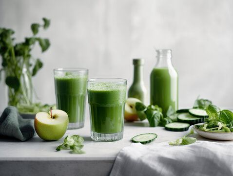 Homemade green juice with celery, apple, cucumber and spinach. Celery drink prepared for healthy nutrition and detox. Realistic 3D illustration. Generative AI