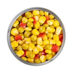 Canned mix of corn, green peas and diced red bell pepper, in an open can, from above. Ready to eat Mexican maize mix, as a side dish to a barbecue. Isolated, close-up, over white, macro food photo.