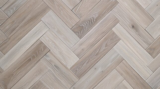 White oak wooden floor background. Herringbone pattern parquet backdrop. Pale natural hardwood texture. Flat lay, top view.