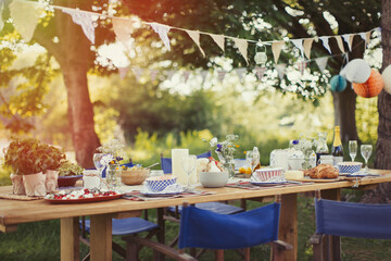 Garden party lunch under pennant flag