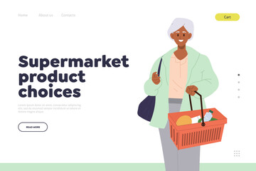 Supermarket product choice landing page design template with happy elderly woman customer