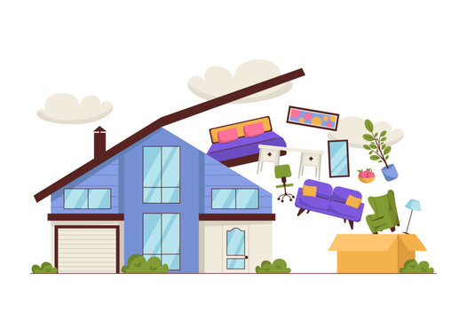 Moving to house. Beautiful large house with an open roof, next to a box from which furniture and interior items fly out into the house. Vector graphic.