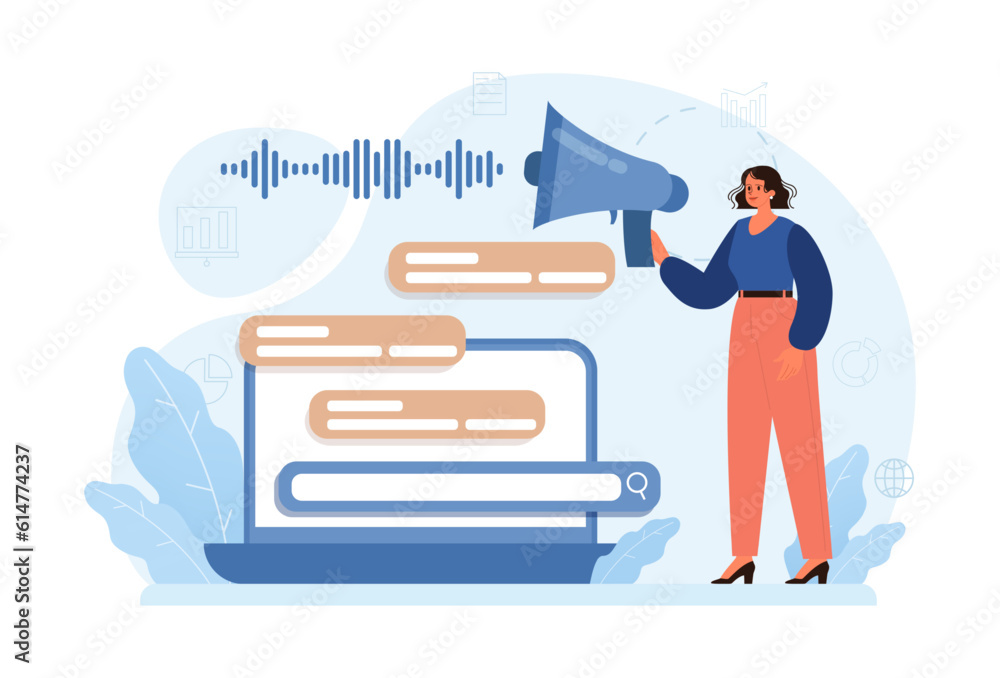 Poster voice search. artificial intelligence virtual assistant. character