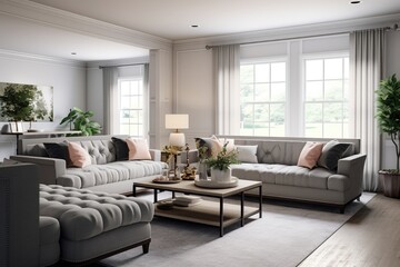 Fototapeta premium Modern interior of open space with design modular sofa, furniture, wooden coffee tables in stylish home decor. Neutral living room. 