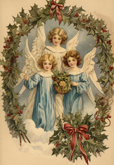Watercolor Vintage Christmas angels, Ephemera Victorian Christmas Angels, Retro Christmas cards of 19th century