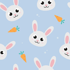 Hare, rabbit head and carrot seamless pattern. Cute children illustrations background.