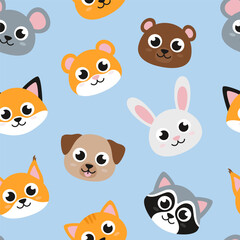 Heads of cute animals, seamless pattern, flat style illustrations background