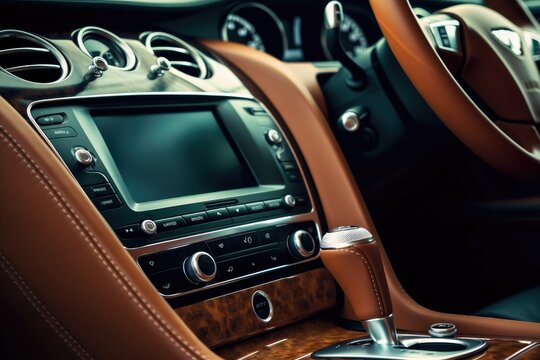 Close - up photo of the interior details of a new modern expensive car. Generative AI