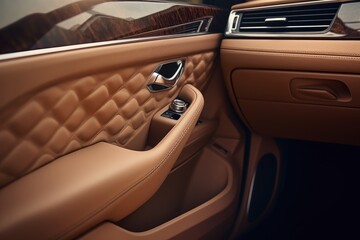 Close - up photo of the interior details of a new modern expensive car. Generative AI