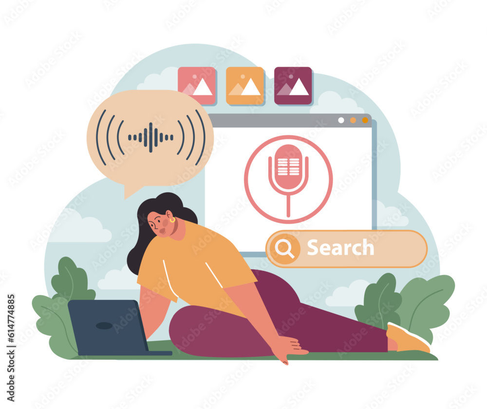 Poster voice search. artificial intelligence virtual assistant. character
