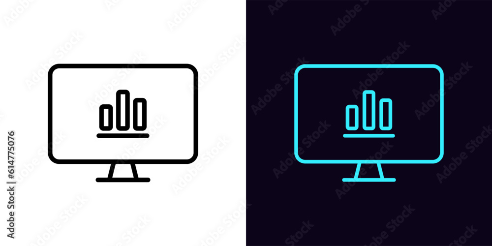 Poster outline pc monitor icon, with editable stroke. monitor screen with bar chart sign, display with data