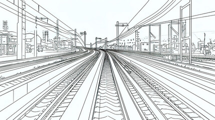 Black Outline of tracks, sleepers and turnouts at the station, generative AI.