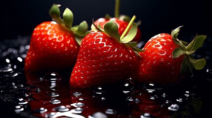 Realistic Strawberries in Splash of Water with Dark Background