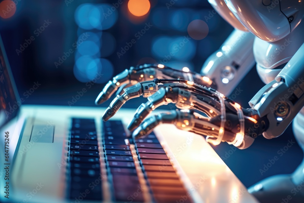 Poster close - up photo. a futuristic robot in typing with a laptop. generative ai