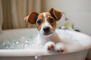 Dog taking a bubble bath in tub, Generative AI