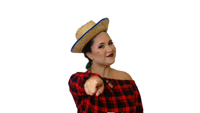 beautiful young brazilian woman with straw hat in red checkered outfit, smiling, typical June festivities png  transparent background	
