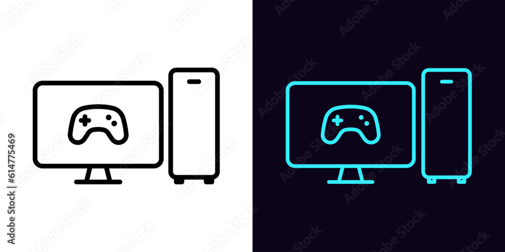 Poster outline gaming pc icon, with editable stroke. system unit and monitor screen with game controller si