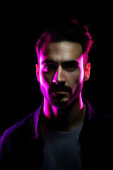 Fototapeta premium Portrait of beautiful Caucasian man in a fashionable cloth around colourful bright neon uv lights. Generative AI.