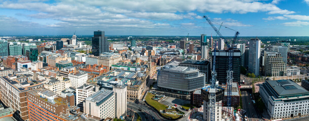 Aerial view of the eBirmingham city center. Beautiful English city, with modern skyscrapers and...