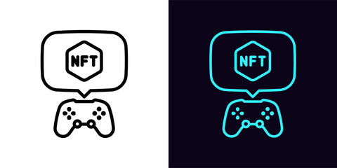 Outline game controller icon, with editable stroke. Gamepad and bubble message with NFT sign, gaming token. NFT game, virtual gaming cryptocurrency, digital token transaction in games © Дмитрий Майер