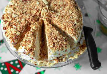 Cake Napoleon cut into pieces. Cake Napoleon from puff pastry and custard. Close-up.
