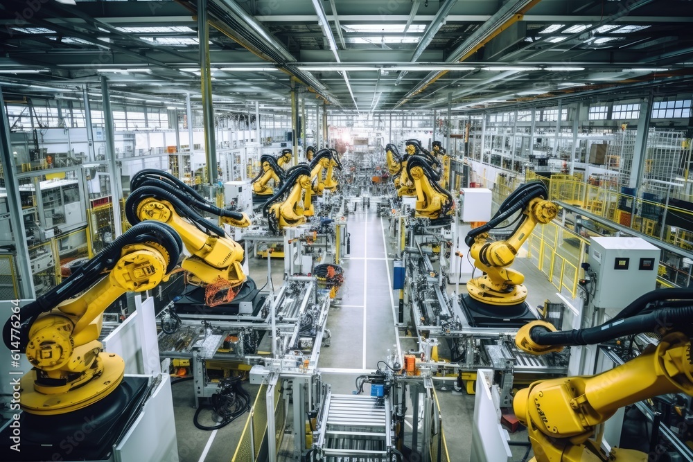 Poster robotic arms on a large production line in a modern bright factory with a wide angle shot. generativ