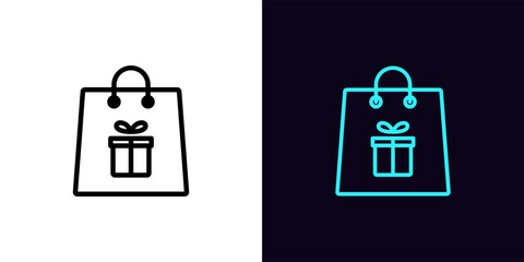 Outline gift shopping icon, with editable stroke. Shopping bag with gift box sign, customer present bonus. Surprise for shop buyer, additional gift and prize offer, present giveaway