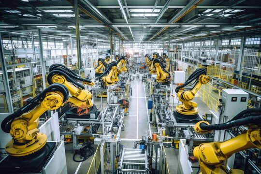 Robotic arms on a large production line in a modern bright factory with a wide angle shot. Generative AI