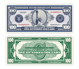 Vector blue banknote obverse and green reverse silver certificate of 100 US dollars. Oval, liberty and guilloche frame. American paper fictional money.