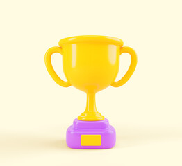 Golden cup icon 3d render. Rank trophy, winner award for first place in game. Cartoon gold goblet on purple pedestal, prize or reward for success in competition isolated on background. 3D illustration