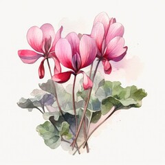 Obraz premium Watercolor painting of a cyclamen flower with white background Generative AI Illustration
