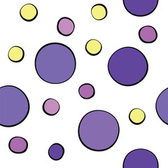Multicolored pink purple yellow Polka dot seamless pattern. Bright kids hand drawn background texture with points, spots, bubbles, circles of different sizes.