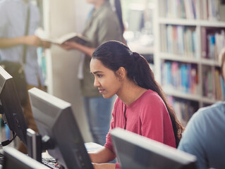 Focused female college student researching using computer in library